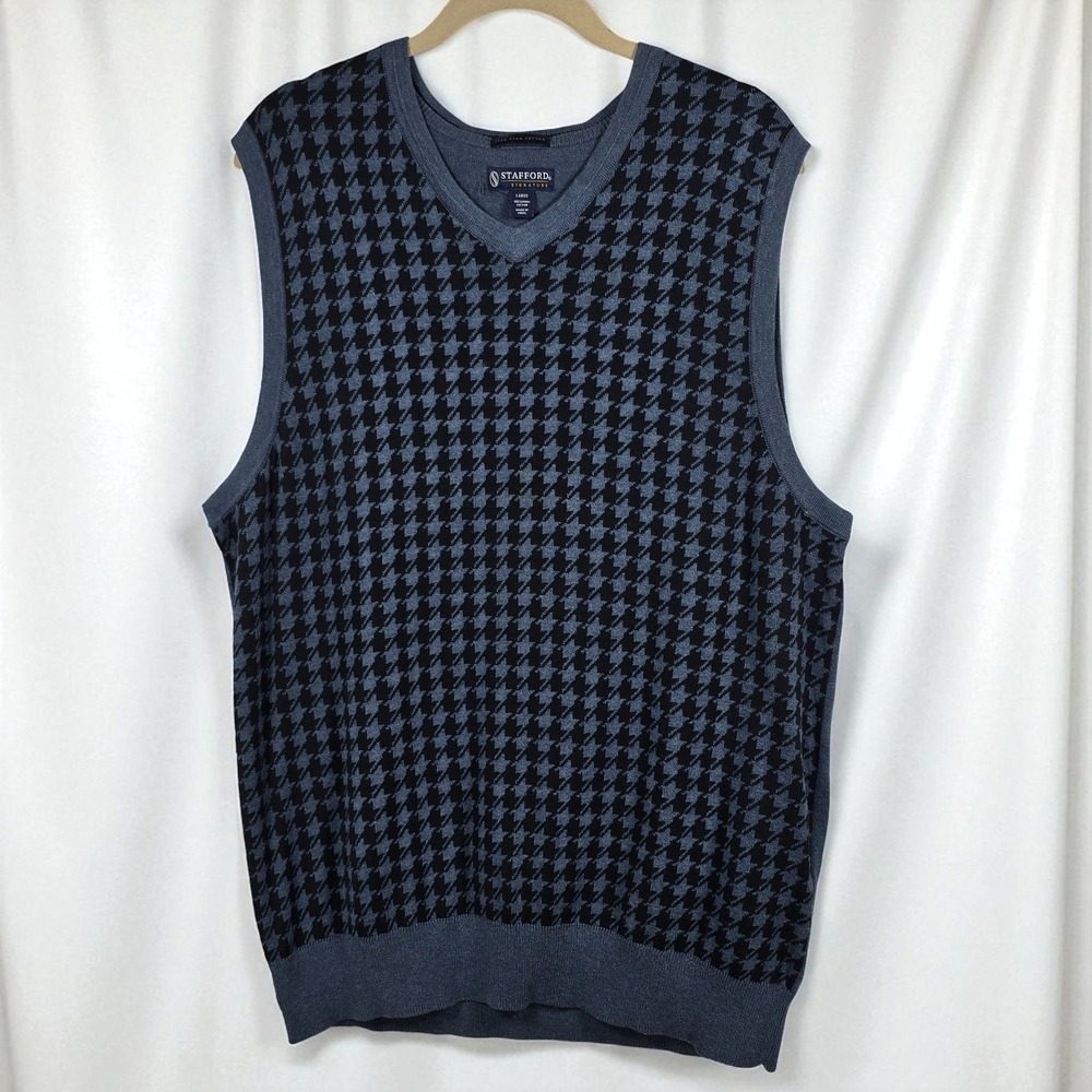 Stafford Signature Men's Sweater Vest Large Houndstooth Pima Cotton Blue Preppy‎